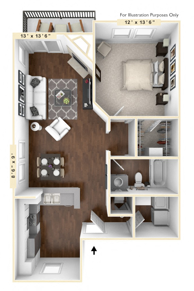 Floor plan for 1 bed, 1 bath, 718 sqft